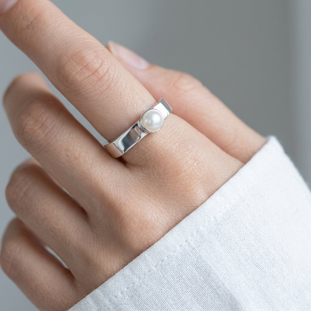 Smalle Zegelring | Zoetwaterparel | 925 Sterling Zilver