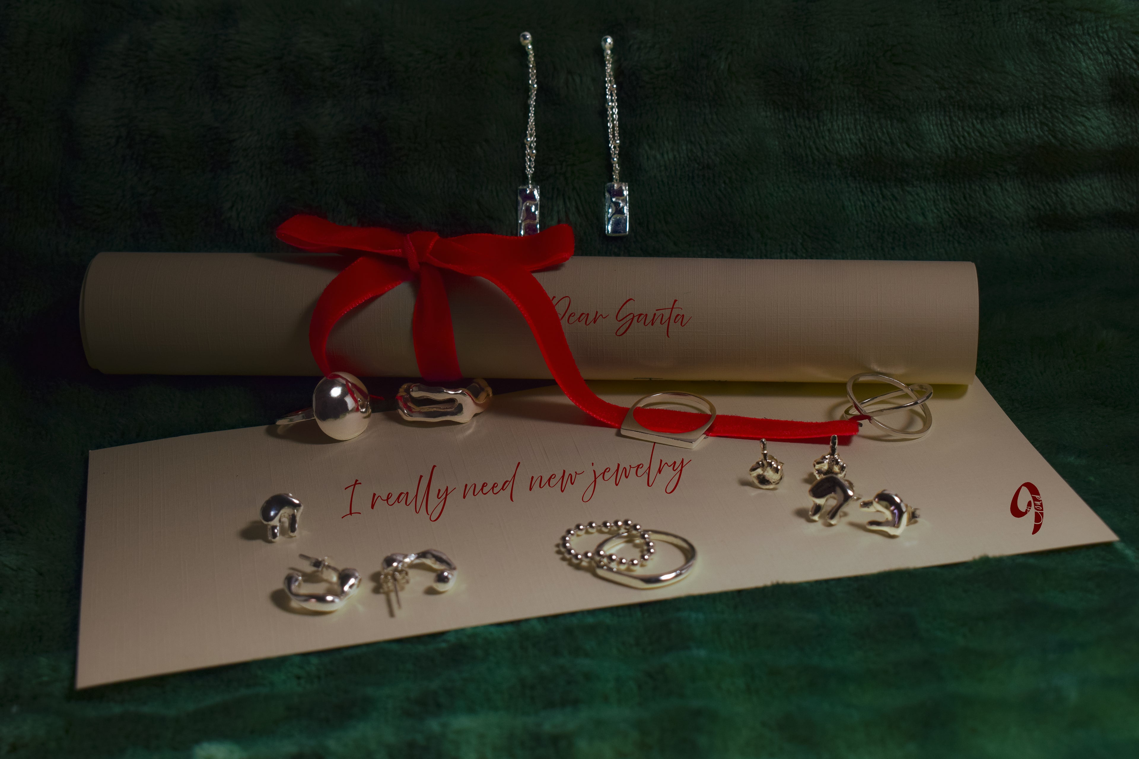 Letter to Santa & silver earrings & rings